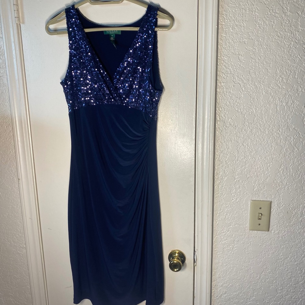 Lauren Ralph Lauren Cocktail Dress Sequin Ruched V-Neck Navy Size 8